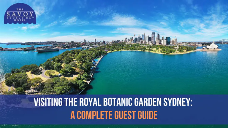 Aerial panorama of the Royal Botanic Garden Sydney beside Sydney Harbour and the CBD skyline.