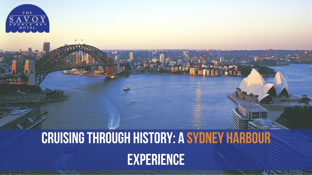 A wide-angle view of Sydney Harbour at sunset