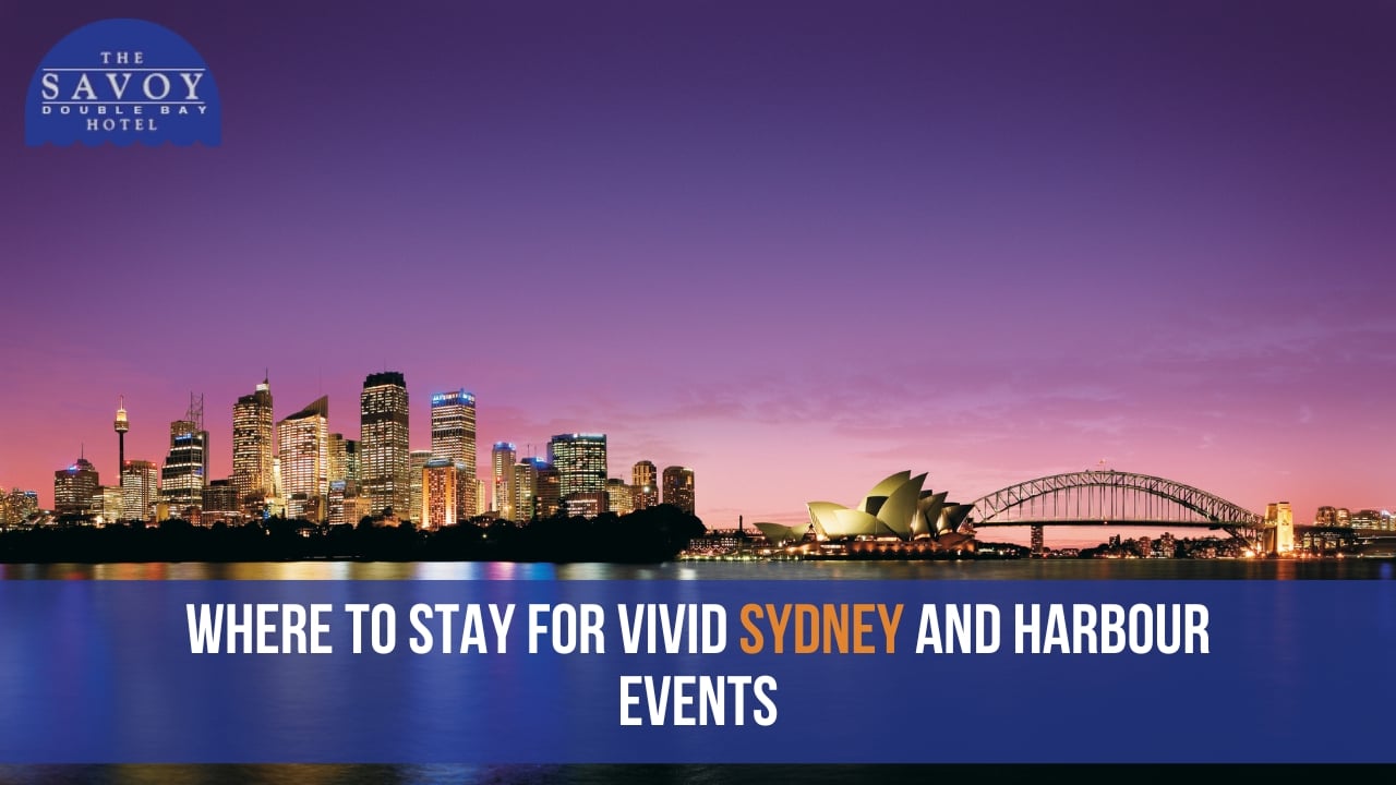 A dusk panoramic view of the Sydney city skyline, the Sydney Opera House, and the Sydney Harbour Bridge against a deep purple and pink sky.