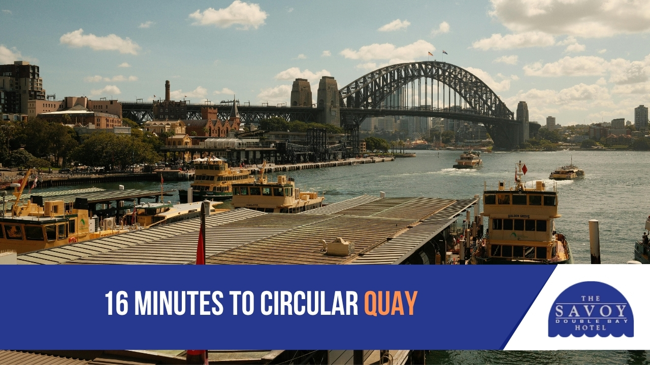 Ferries docked at Circular Quay with the Sydney Harbour Bridge in the background