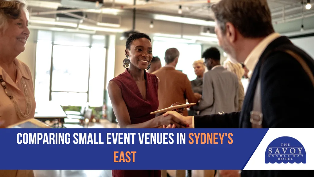 Guests networking and shaking hands at a small event venue in Sydney's East.